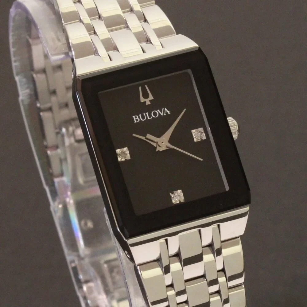 Bulova Ladies Quadra Watch Diamond Indices Black Dial Stainless 20mm